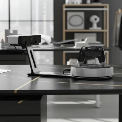 Desktop 3D scanner with automatic turntable scanning a game controller in a professional studio