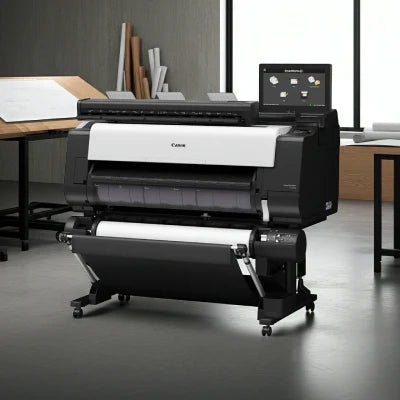 Professional 36-inch large format plotter in a modern architectural studio, printing a high-detail building blueprint into a catch basket, natural light, minimalist office setting.