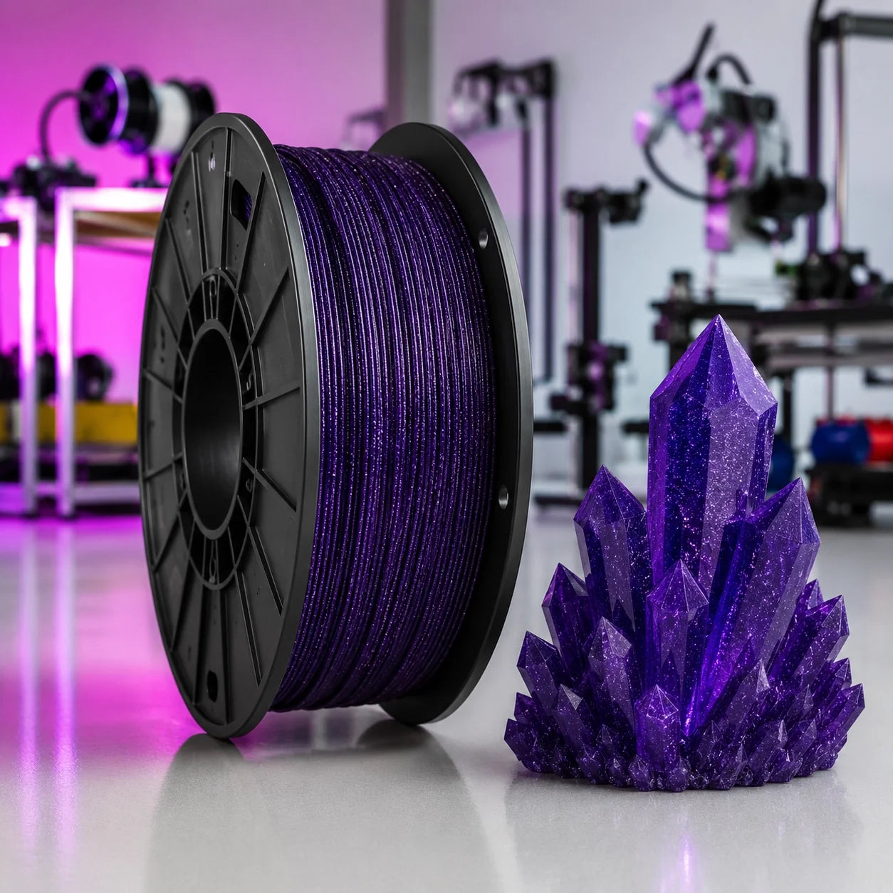 glitter sparkle 3d printing filament with printed sample purple