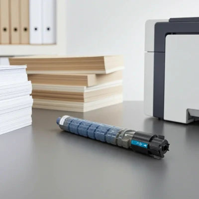 Replacement laser printer toner cartridge on an office desk next to printer and stacks of paper