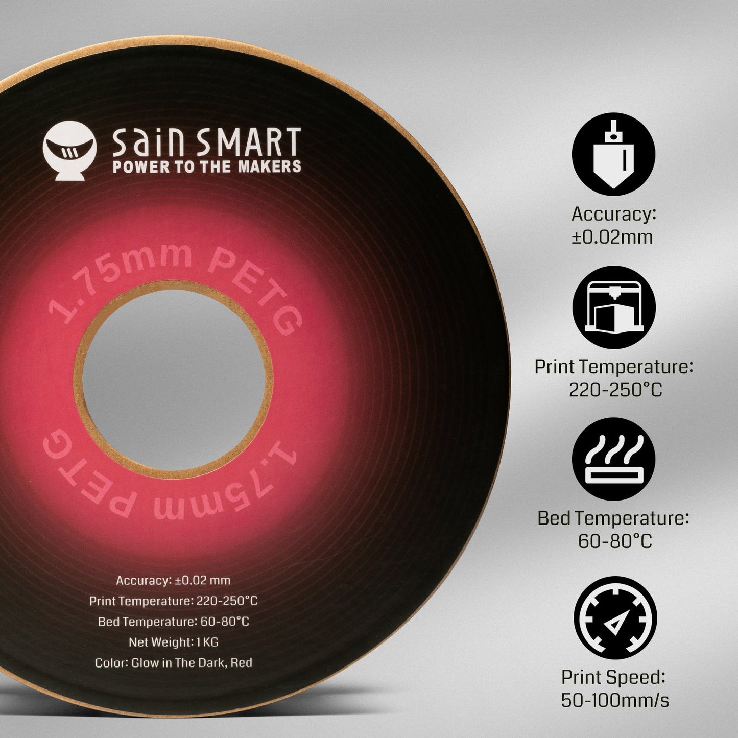SainSmart - Glow-in-the-dark Red 1.75mm PRO-3 PETG Filament 1kg
