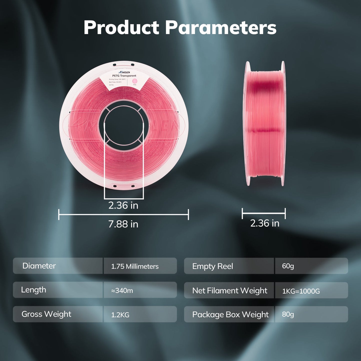 Amolen - PETG Transparent 1.75mm, 1KG/2.2LB