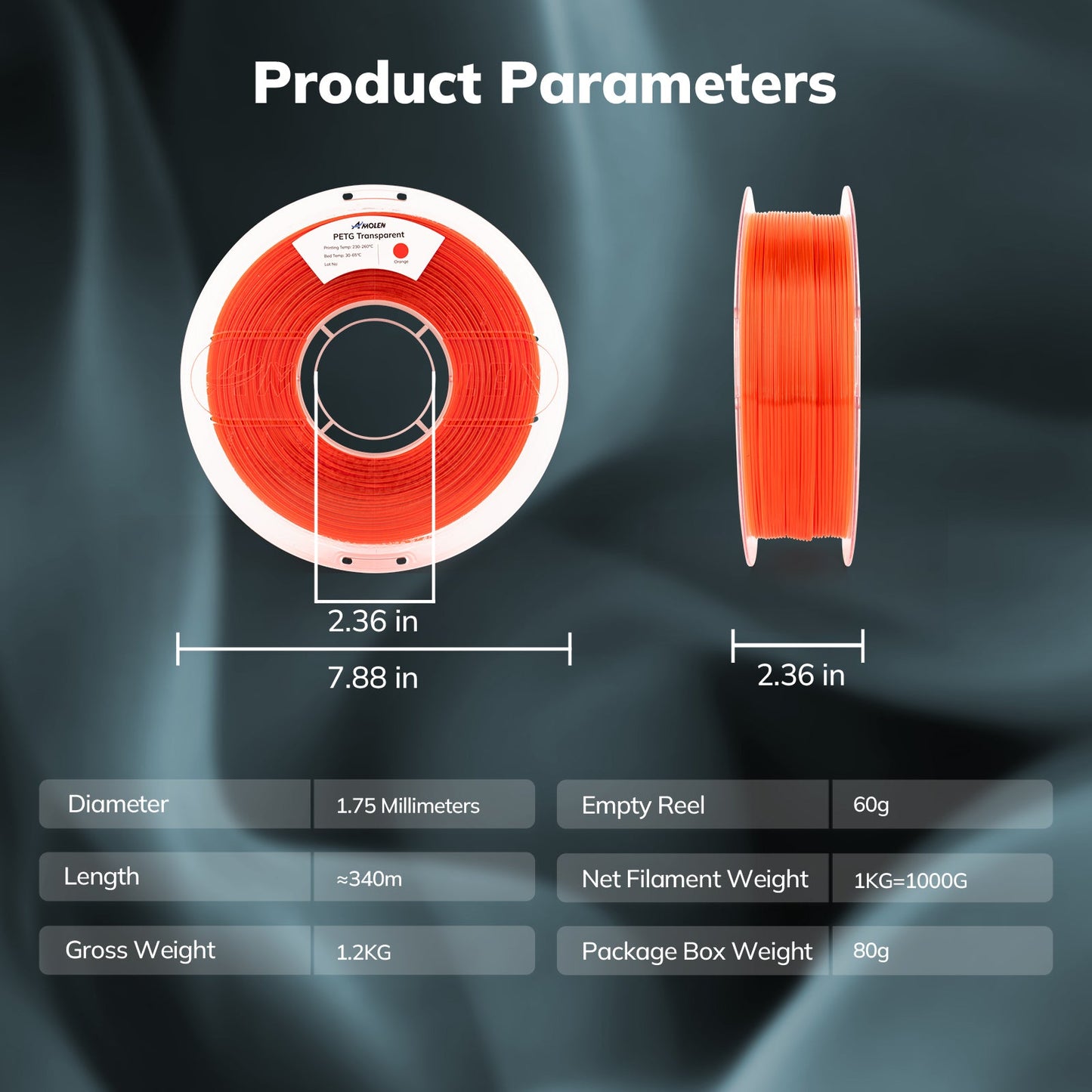 Amolen - PETG Transparent 1.75mm, 1KG/2.2LB