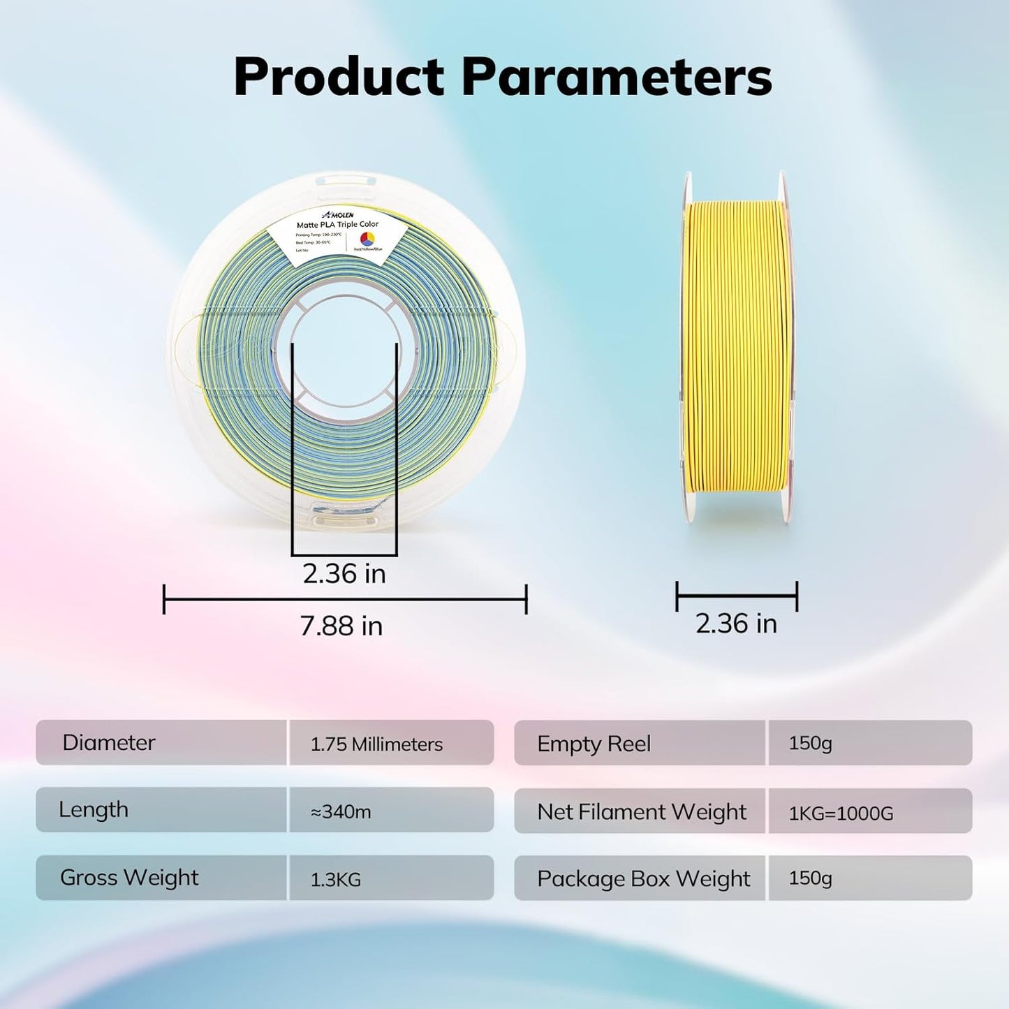 Amolen - PLA Matte Triple Filament 1.75mm, 1KG/2.2LB