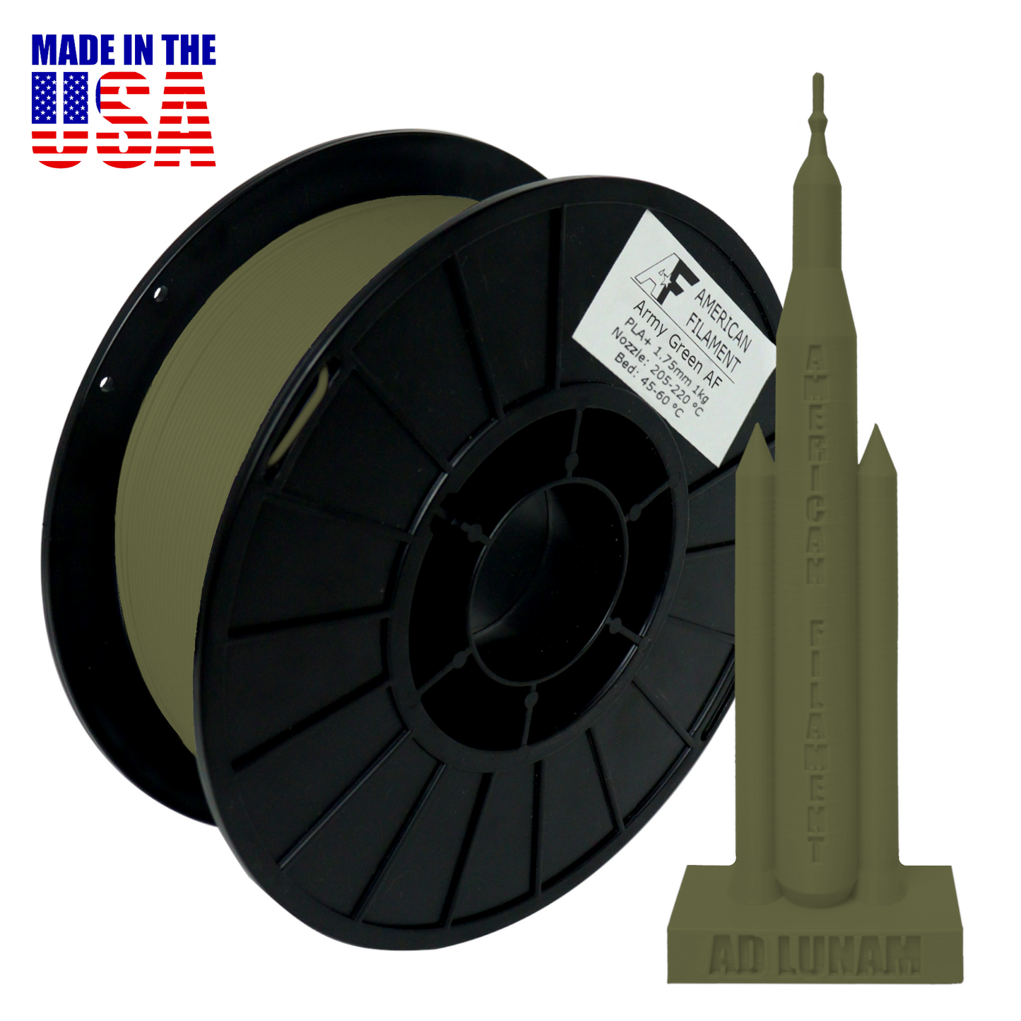 American Filament | Army Green AF PLA+ 3D Printer Filament, 1.75 mm Diameter