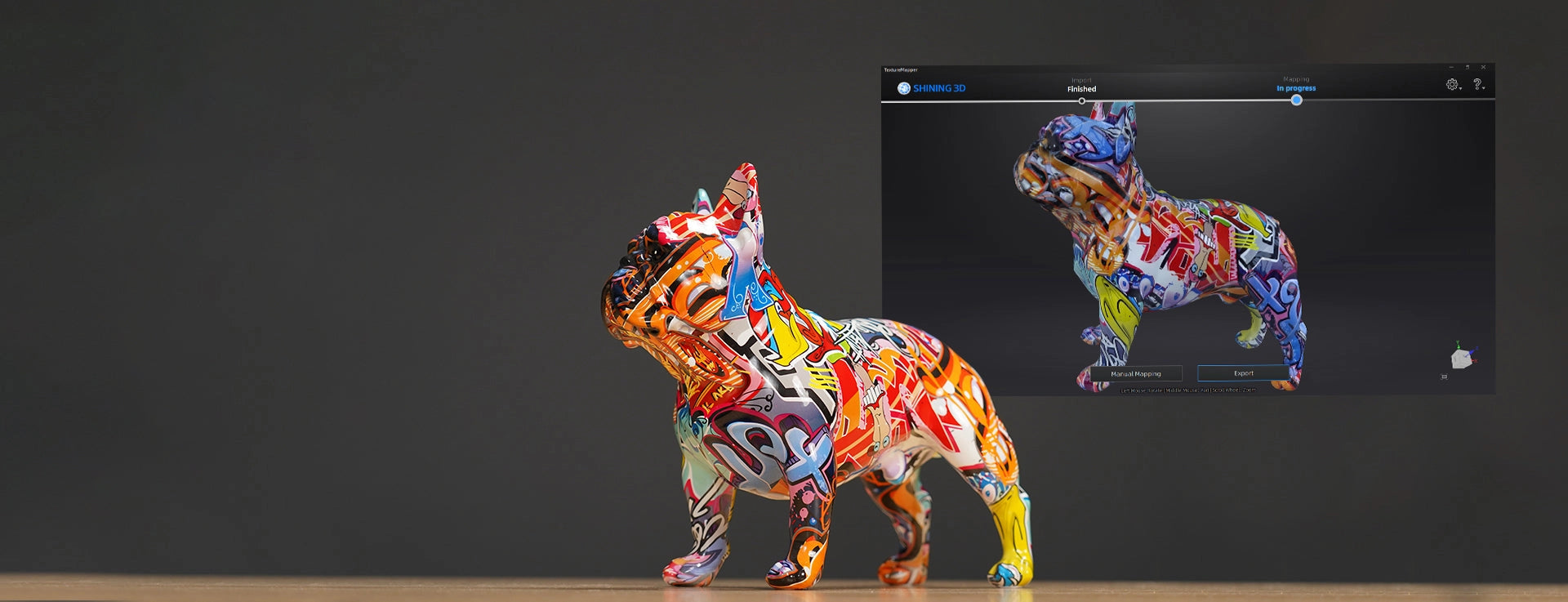 Comparison of a physical art piece and its digital 3D model. High-resolution 3D scanning using structured light technology to capture complex geometries and textures