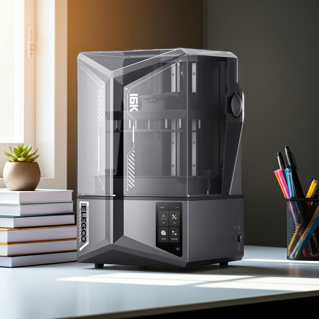 Elegoo Saturn 4 Ultra MSLA Resin 3D Printer with 12K/16K monochrome LCD resolution and dual linear rails for high-precision miniatures.