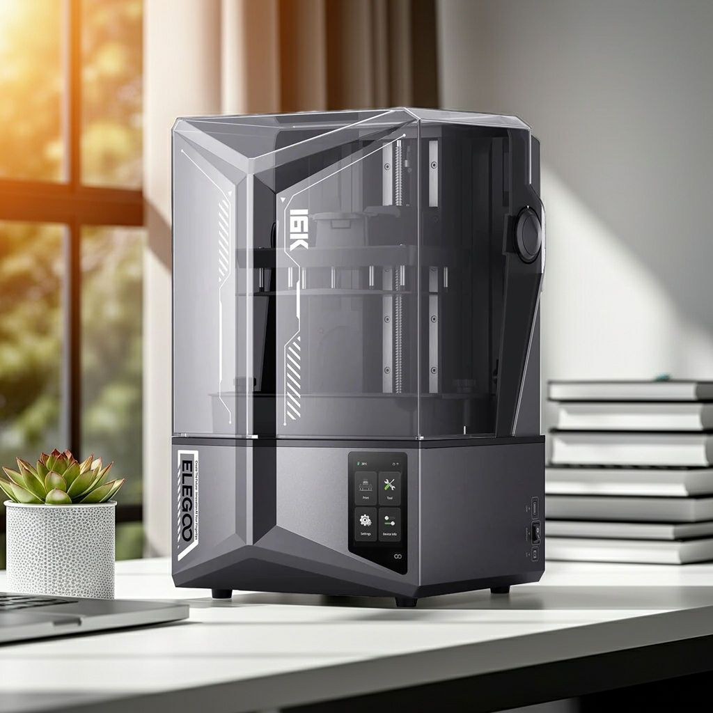 Elegoo Saturn 4 Ultra MSLA Resin 3D Printer with 12K/16K monochrome LCD resolution and dual linear rails for high-precision miniatures.